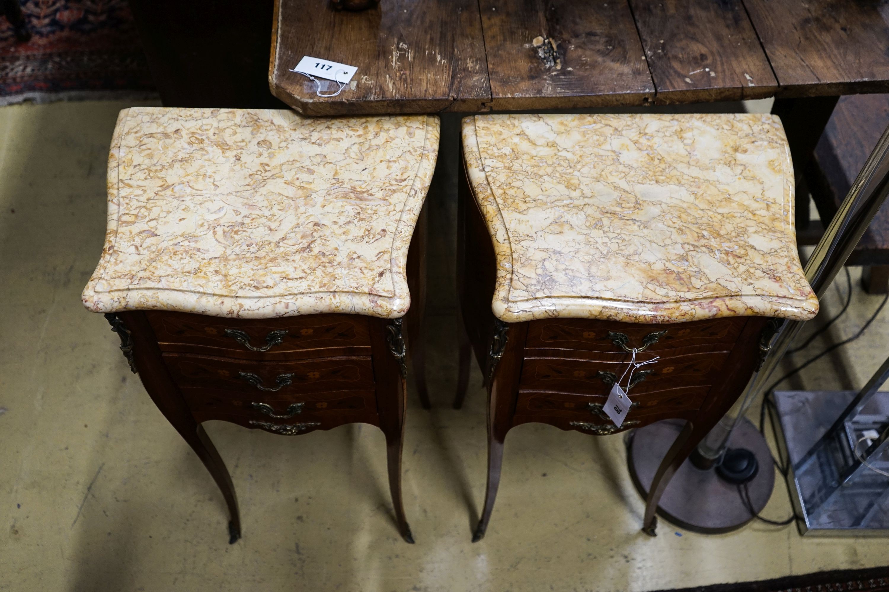 A pair of Louis XV design marquetry inlaid Kingwood marble top bedside chests, width 40cm, depth 30cm, height 73cm